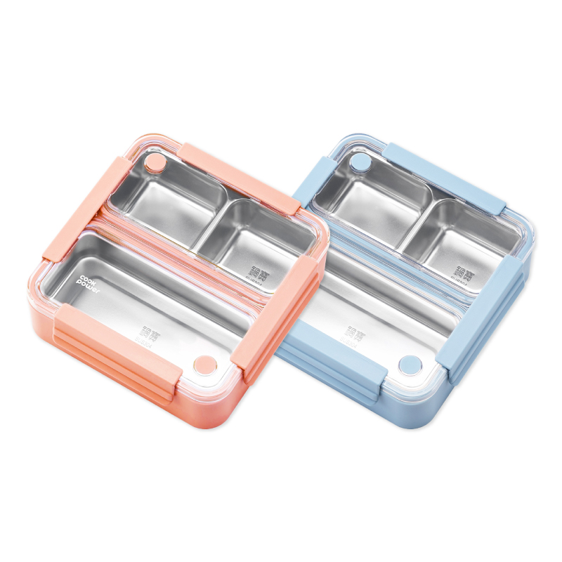 【鍋寶】304不銹鋼三格便當盒-珊瑚橘/天空藍